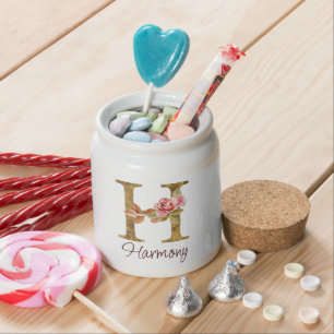 Custom Name Letter H Gold Foil Blush Pink Roses Candy Jar