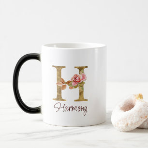 Custom Name Letter H Gold Foil Blush Pink Roses Color Morph Mug