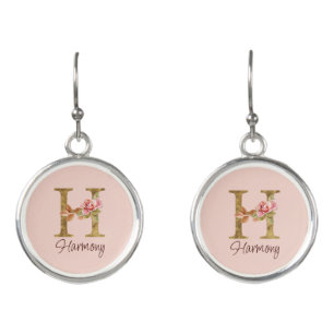 Custom Name Letter H Gold Foil Blush Pink Roses Earrings