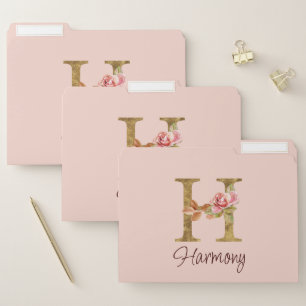 Custom Name Letter H Gold Foil Blush Pink Roses File Folder