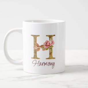 Custom Name Letter H Gold Foil Blush Pink Roses Giant Coffee Mug