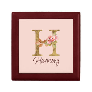 Custom Name Letter H Gold Foil Blush Pink Roses Gift Box