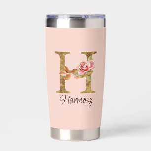 Custom Name Letter H Gold Foil Blush Pink Roses Insulated Tumbler