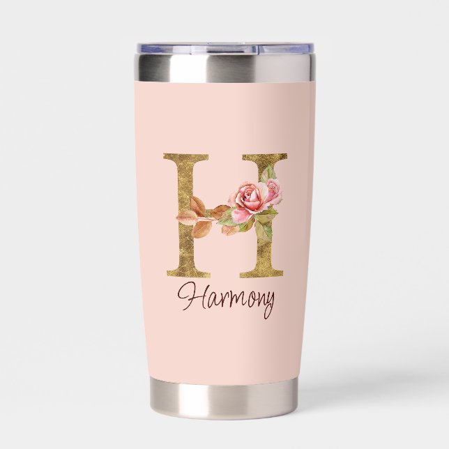 Custom Name Letter H Gold Foil Blush Pink Roses Insulated Tumbler (Front)