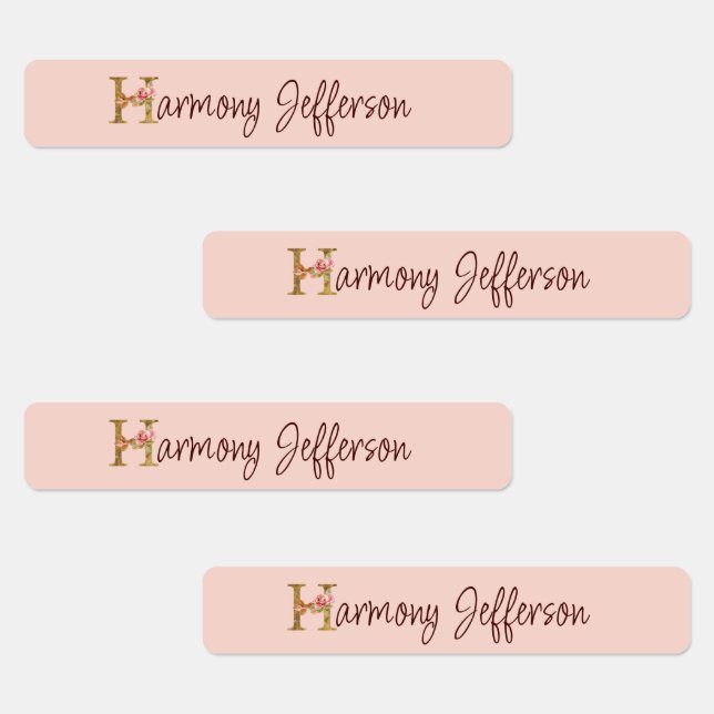 Custom Name Letter H Gold Foil Blush Pink Roses Labels (Group)