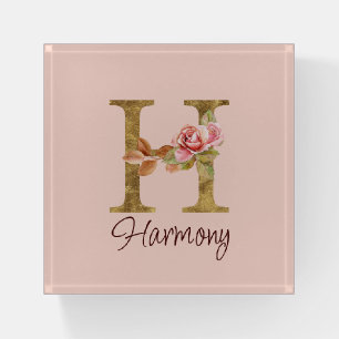 Custom Name Letter H Gold Foil Blush Pink Roses Paperweight