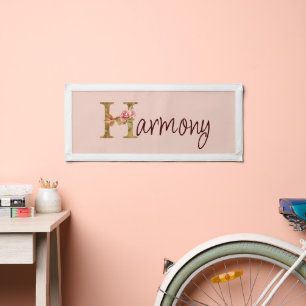 Custom Name Letter H Gold Foil Blush Pink Roses Pennant