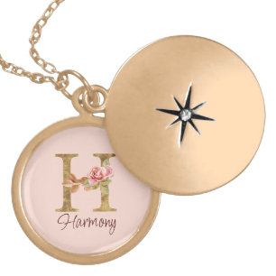 Custom Name Letter H Gold Foil Blush Pink Roses Plated Necklace