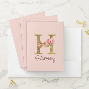 Custom Name Letter H Gold Foil Blush Pink Roses Pocket Folder