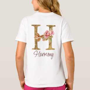 Custom Name Letter H Gold Foil Blush Pink Roses T-Shirt