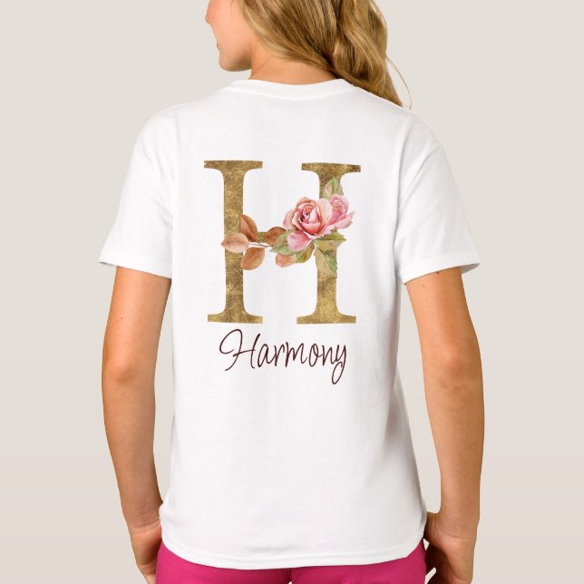Custom Name Letter H Gold Foil Blush Pink Roses T-Shirt (Back)