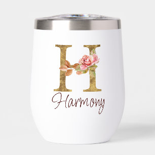 Custom Name Letter H Gold Foil Blush Pink Roses Thermal Wine Tumbler