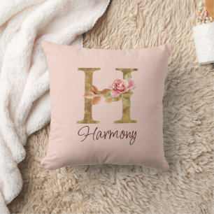 Custom Name Letter H Gold Foil Blush Pink Roses Throw Pillow