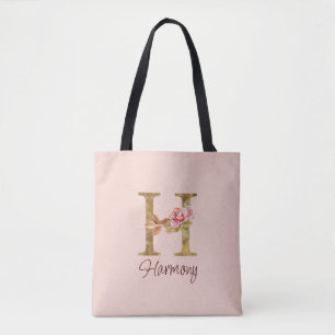 Custom Name Letter H Gold Foil Blush Pink Roses Tote Bag