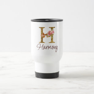 Custom Name Letter H Gold Foil Blush Pink Roses Travel Mug