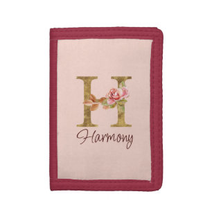 Custom Name Letter H Gold Foil Blush Pink Roses Trifold Wallet