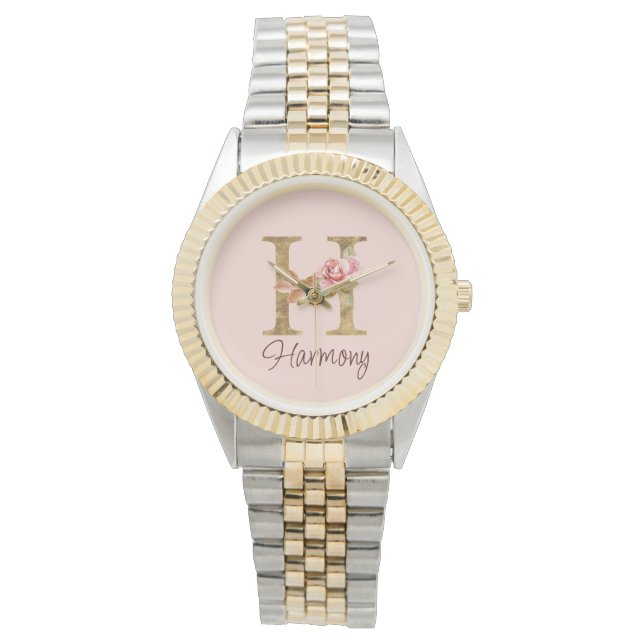 Custom Name Letter H Gold Foil Blush Pink Roses Watch (Front)
