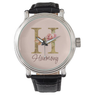 Custom Name Letter H Gold Foil Blush Pink Roses Watch
