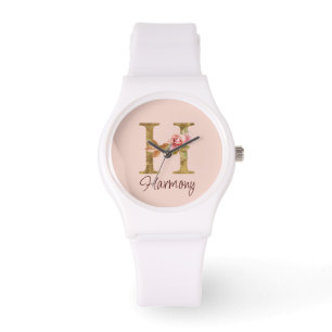 Custom Name Letter H Gold Foil Blush Pink Roses Watch