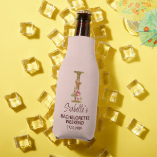 Custom Name Letter I Gold Blush Pink Roses Bottle Cooler