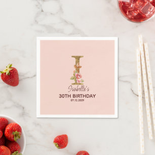 Custom Name Letter I Gold Blush Pink Roses Napkins