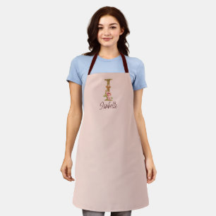 Custom Name Letter I Gold Foil Blush Pink Roses Apron