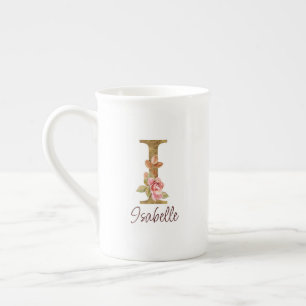 Custom Name Letter I Gold Foil Blush Pink Roses Bone China Mug