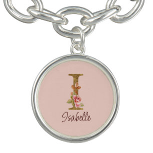 Custom Name Letter I Gold Foil Blush Pink Roses Bracelet