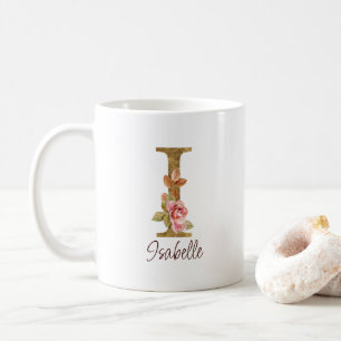 Custom Name Letter I Gold Foil Blush Pink Roses Coffee Mug