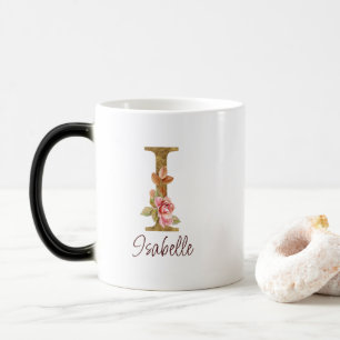 Custom Name Letter I Gold Foil Blush Pink Roses Color Morph Mug