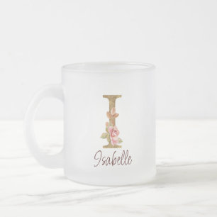 Custom Name Letter I Gold Foil Blush Pink Roses Frosted Glass Coffee Mug