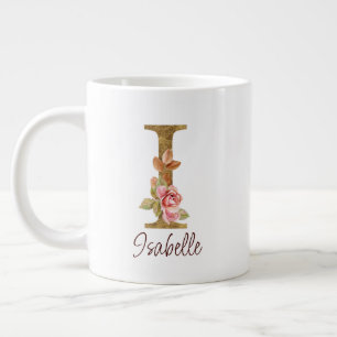 Custom Name Letter I Gold Foil Blush Pink Roses Giant Coffee Mug