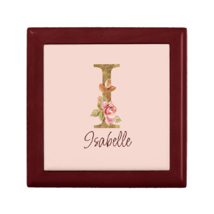 Custom Name Letter I Gold Foil Blush Pink Roses Gift Box