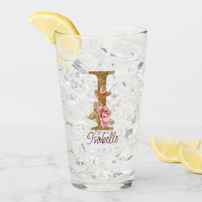 Custom Name Letter I Gold Foil Blush Pink Roses Glass (Front Ice)