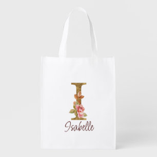 Custom Name Letter I Gold Foil Blush Pink Roses Grocery Bag