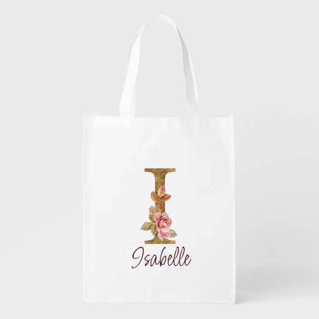 Custom Name Letter I Gold Foil Blush Pink Roses Grocery Bag (Front)