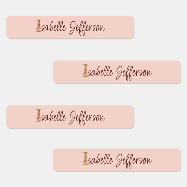 Custom Name Letter I Gold Foil Blush Pink Roses Labels (Group)