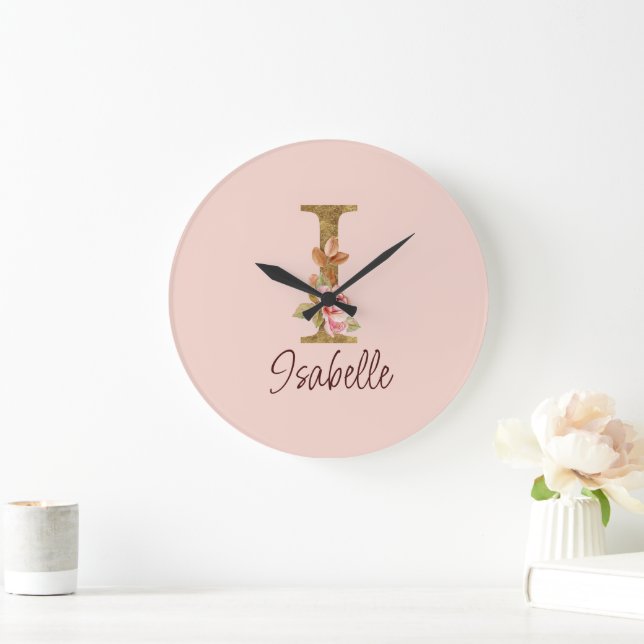 Custom Name Letter I Gold Foil Blush Pink Roses Large Clock (Home)