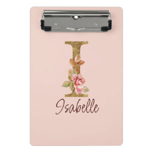 Custom Name Letter I Gold Foil Blush Pink Roses Mini Clipboard