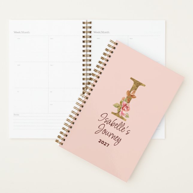 Custom Name Letter I Gold Foil Blush Pink Roses Planner (Display)