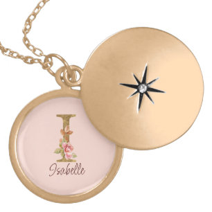 Custom Name Letter I Gold Foil Blush Pink Roses Plated Necklace
