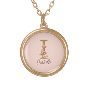 Custom Name Letter I Gold Foil Blush Pink Roses Plated Necklace