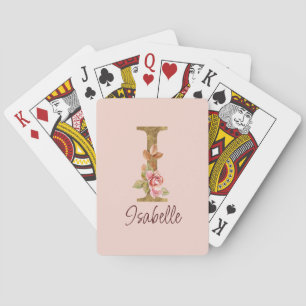 Custom Name Letter I Gold Foil Blush Pink Roses Poker Cards