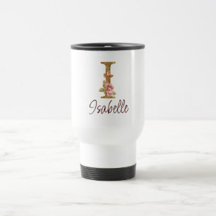 Custom Name Letter I Gold Foil Blush Pink Roses Travel Mug