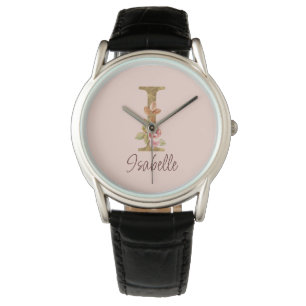 Custom Name Letter I Gold Foil Blush Pink Roses Watch