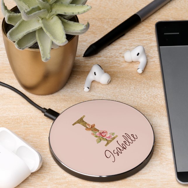 Custom Name Letter I Gold Foil Blush Pink Roses Wireless Charger (Desk 2)