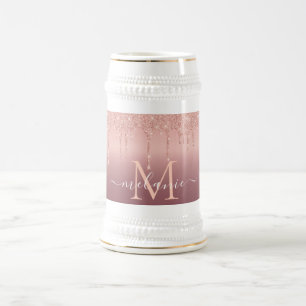 Custom Name Letter Rose Gold Glitter Beer Stein