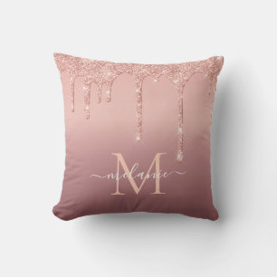 Custom Name Letter Rose Gold Glitter Throw Pillow
