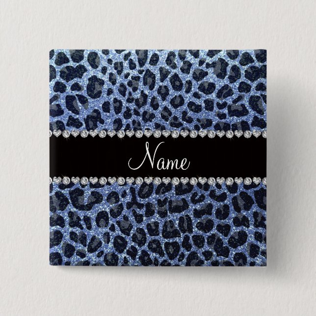 Custom name light blue glitter leopard print button (Front)