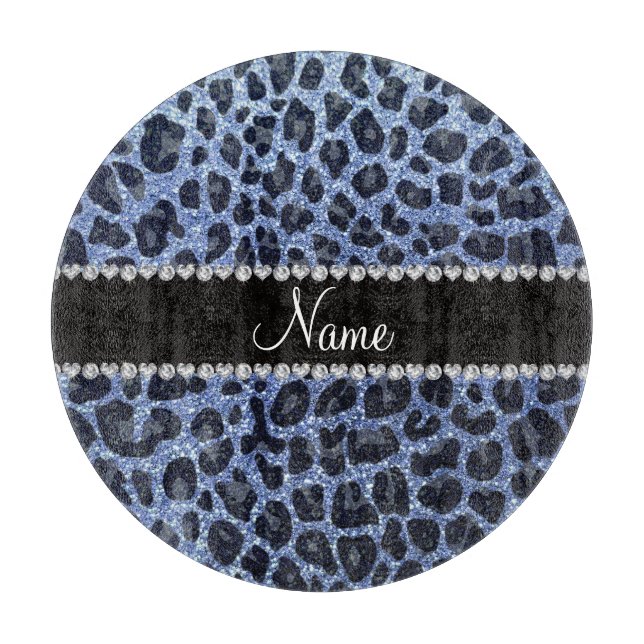 Custom name light blue glitter leopard print cutting board (Front)